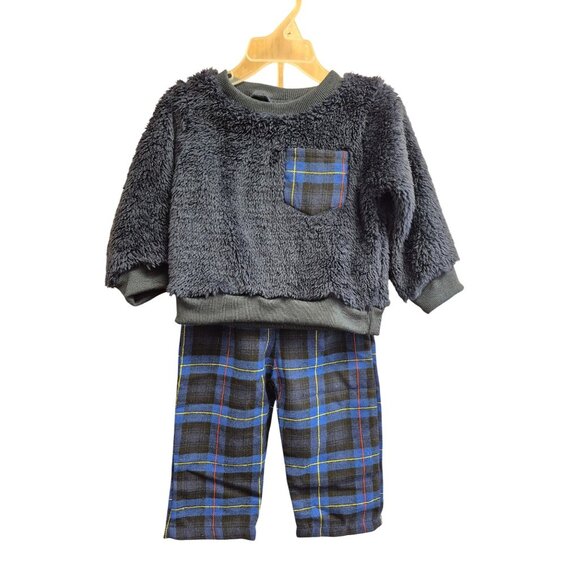 PatPat Infant Winter Fleece Outfit Set With Plaid Pants & Pocket - Picture 2 of 6